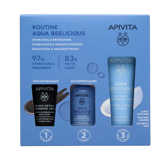 APIVITA AQUA BEELICIOUS ROUTINE OIL FREE HYDRATING GEL CREAM 40mL + BLACK DETOX CLEANSING GEL 15mL +