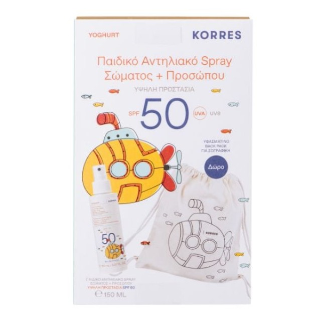 KORRES PROMO ΠΑΙΔΙΚΟ ΑΝΤΗΛΙΑΚΟ SPRAY ΣΩΜΑΤΟΣ & ΠΡΟΣΩΠΟΥ SPF50 150ML & ΥΦΑΣΜΑΤΙΝΗ ΤΣΑΝΤΑ