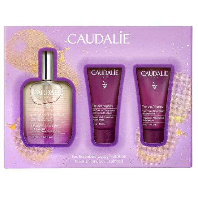 CAUDALIE MOISTURIZING OIL ELIXIR 50ML & GIFT THE DES VIGNES SHOWER GEL 30ML+THE DE VIGNES BODY LOTIO