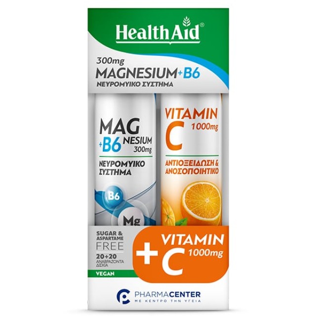 HEALTH AID PROMO MAGNESIUM 300MG + B6 20 ΑΝΑΒΡΑΖΟΝΤΑ ΔΙΣΚΙΑ & ΔΩΡΟ VIT C 1000MG 20TABS