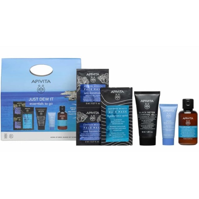 APIVITA TRAVEL SET JUST DEW IT AQUA BEELICIOUS GEL CREAM 15ML, BLACK CLEANSING GEL 50ML, MOISTURIZIN