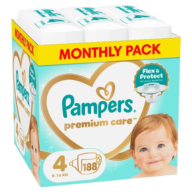 PAMPERS PREMIUM CARE ΜΕΓΕΘΟΣ 4 (9-14 Kg) MEGA PACK 188 τμχ