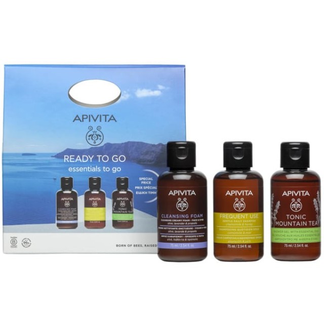 APIVITA TRAVEL SET READY TO GO: CLEANSING FOAM 75ML, DAILY SHAMPOO 75ML, TONIC SHOWER GEL 75ML