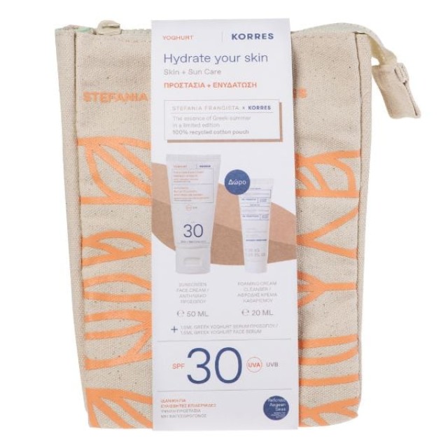 KORRES ΑΝΤΗΛΙΑΚΟ ΤΣΑΝΤΑΚΙ ΠΡΟΣΩΠΟΥ ΓΙΑΟΥΡΤΙ SPF30 50ML & ΑΦΡΩΔΗΣ ΚΡΕΜΑ ΚΑΘΑΡΙΣΜΟΥ 20ML