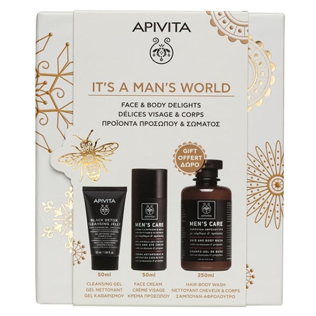 APIVITA ITS A MANS WORLD FACE CREAM 50mL & ΔΩΡΟ HAIR - BODY WASH 250mL & ΔΩΡΟ CLEANSING GEL BLACK 