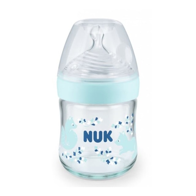 NUK ΜΠΙΜΠΕΡΟ NATURE SENSE ΓΥΑΛΙΝΟ TEMP. CONTROL 120ML ΣΙΛΙΚΟΝΗ ΜΠΛΕ